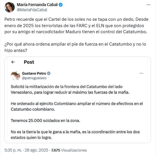La congresista cuestionó a través de su cuenta de X - crédito @MariaFdaCabal/x
