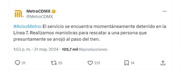 Persona se arroja a las vías del Metro CDMX línea 7