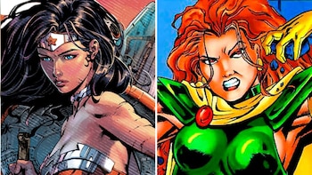Ilustración dividida con una mujer de cabello oscuro y tiara a la izquierda y una mujer pelirroja con traje verde a la derecha