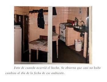 Dos fotografías de una habitación azulejada con mesa, cocina, fregadero y una chaqueta colgada, acompañadas por un epígrafe impreso