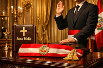 Hombre de traje oscuro con banda presidencial peruana, mano levantada, mano sobre libro "Santa Biblia", bandera de Perú y crucifijo en una mesa de madera.