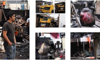 Fotomontaje con un hombre entre restos quemados, maquinaria que retira escombros y esculturas dañadas por un incendio