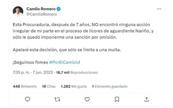 Camilo Romero anunció a través de su cuenta en Twitter que apelará la sanción impuesta por la Procuraduría.