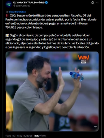 La Dimayor consideró el acto de Risueño como reincidente y lo calificó como sanción ejemplar para el entrenador del Deportivo Pasto.-crédito @ElVarCentral/X