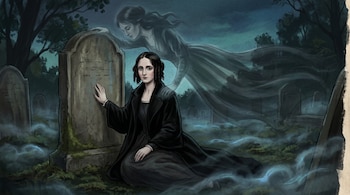 Ilustración digital de Mary Shelley arrodillada junto a una lápida en un cementerio nocturno, con una figura etérea emergiendo de la tumba. Viste de negro.