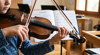 Las manos de una niña sostienen el arco y presionan las cuerdas de un violín frente a una partitura sobre un atril.