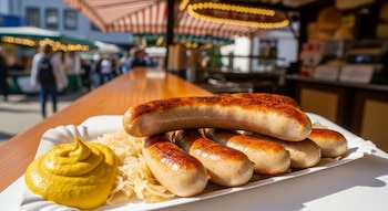Plato blanco con Thüringer Rostbratwurst doradas, mostaza y chucrut. Fondo de un puesto de comida tradicional alemán al aire libre con gente desenfocada.