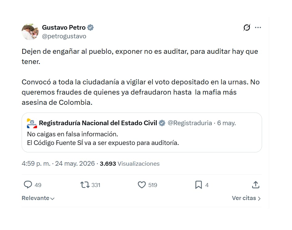 Con este mensaje en X, el presidente Gustavo Petro lanzó sus pullas a la Registraduría por aparentes riesgos de fraude en las elecciones presidenciales - crédito @petrogustavo/X