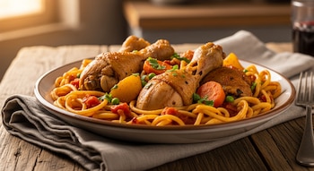 Plato con tres muslos de pollo, fideos, tomate picado, zanahorias, arvejas y papas sobre una mesa de madera. Una servilleta gris.