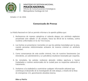 Tres policías resultaron heridos en un ataque con explosivos en la vía Tres Cruces, en el sector de Guacas, al oeste de Cali, informó el sábado 17 de octubre de 2026 la Policía Nacional - crédito Policía Metropolitana de Cali