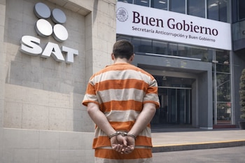 Persona de espaldas con uniforme a rayas y esposas. Detrás, edificios del SAT y Buen Gobierno, Secretaría Anticorrupción.