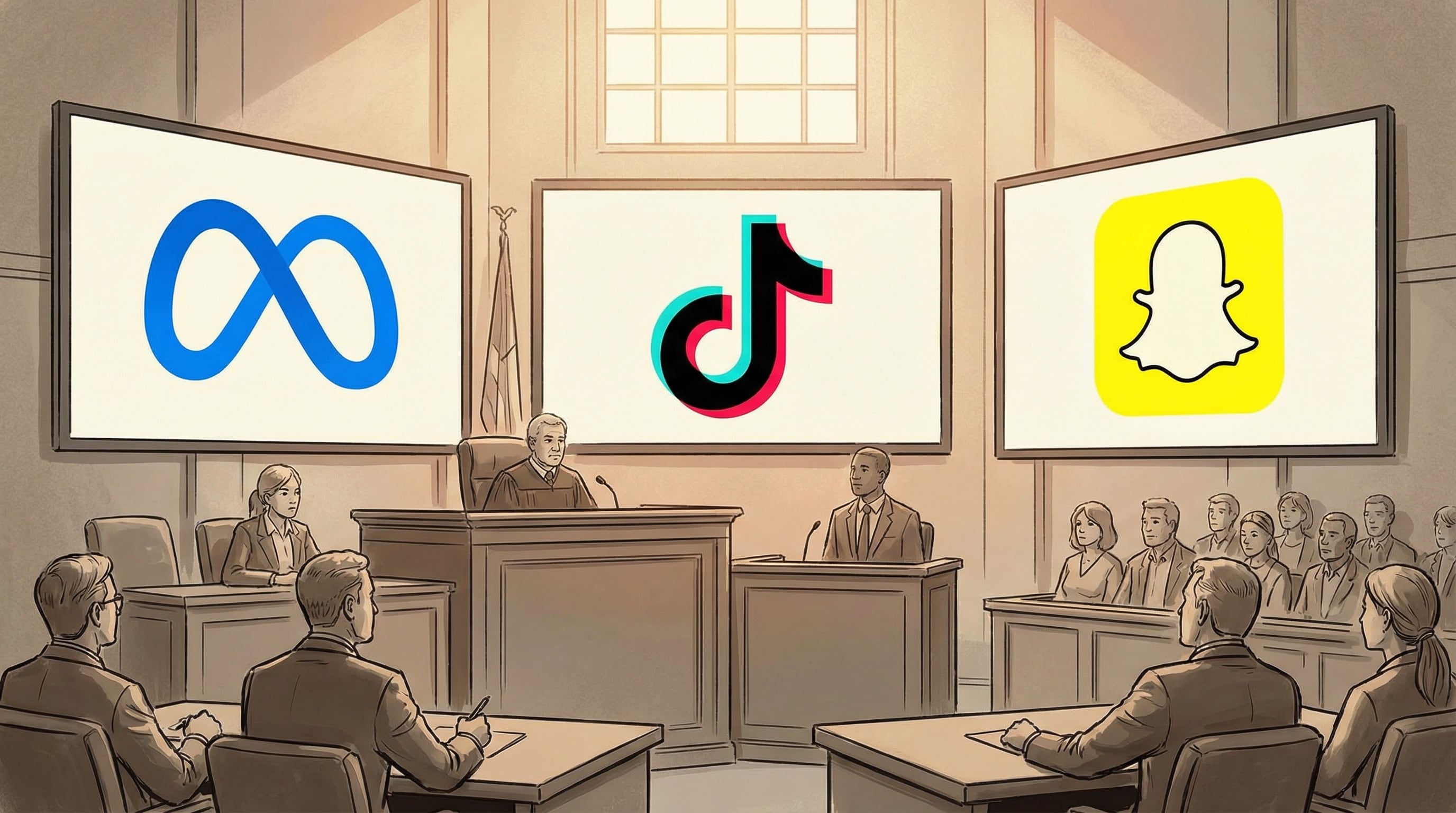 Un tribunal estadounidense celebra una audiencia sobre las redes sociales más populares, Meta, TikTok y Snapchat, mientras representantes legales y el jurado observan los logotipos de las plataformas en pantallas dentro de la sala de juicio. Esta imagen simboliza el escrutinio legal al que están siendo sometidas las grandes tecnológicas por su impacto social y regulaciones. (Imagen Ilustrativa Infobae)