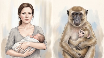 Ilustración con dos paneles verticales. Izquierda: mujer con cabello castaño sujeta a un bebé envuelto en manta. Derecha: macaco adulto con cría en brazos.