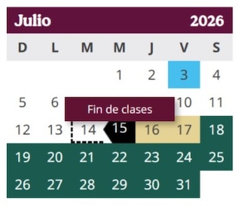 Calendario de julio de 2026 con el día 15 resaltado en negro, indicando "Fin de clases". Otros días como el 3, 16, 17, y 18-31 están marcados