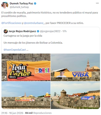 Dumek Turbay solicitó el retiro de la publicidad y afirmó que las murallas no deben utilizarse para proselitismo político. - crédito @dumek_turbay/X