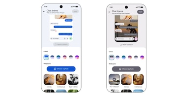 Dos pantallas de teléfono móvil muestran la interfaz de configuración de un chat con opciones de colores y fondos de pantalla