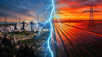 Paisaje partido por un rayo: central nuclear con cielo oscuro a la izquierda y campo de paneles solares con cielo anaranjado a la derecha, torres eléctricas visibles.