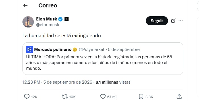 Musk presenta la caída de los nacimientos como un riesgo para la humanidad, aunque sus efectos demográficos, económicos y sociales varían considerablemente entre regiones - crédito captura de pantalla X
