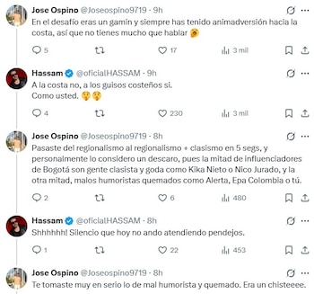 Producto de su comentario sobre 'La casa de los famosos', el humorista cayó en un intercambio de respuestas con otros usuarios que no se tomaron bien su punto de vista, y hasta le recordaron actitudes pasadas en otros "reality shows" - crédito @oficialHASSAM/X