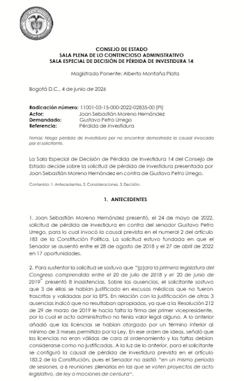 Fallo Consejo de Estado Gustavo Petro Pérdida de investidura - crédito Captura de Pantalla Consejo de Estado
