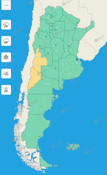 Mapa de Argentina con divisiones provinciales, agua azul, y una barra lateral con iconos de lluvia, nieve, viento y la letra Z