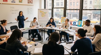 Un aula con una profesora de pie frente a una pizarra blanca y nueve estudiantes sentados en mesas, con ventanas que muestran la calle.