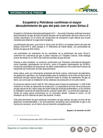 Ecopetrol y Petrobras anunciaron el avance hacia la fase de desarrollo de Sirius, el mayor descubrimiento de gas natural en la historia de Colombia, que promete fortalecer la autosuficiencia energética del país - crédito red social X