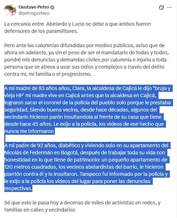 Fabiola Jácome responde Gustavo Petro e nega assédio à mãe em Cajicá - crédito @petrogustavo/X
