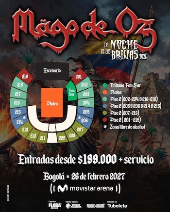 Afiche promocional con el logo de Mägo de Oz, un mapa de distribución del recinto Movistar Arena, precios de entradas y la fecha del evento