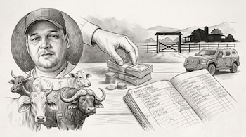 Retrato de Alejandro Arias Monge, cabezas de ganado, mano apilando billetes y monedas, libreta de cuentas, finca rural, vehículo SUV blindado.