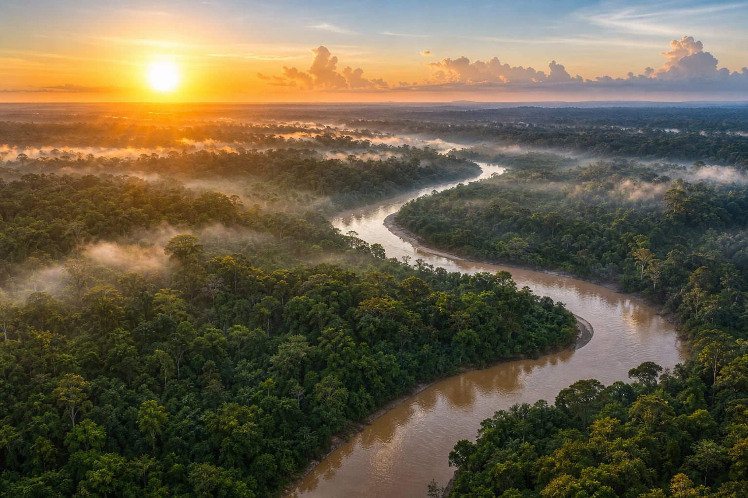 El sol naciente ilumina el bosque tropical y el curso de un río en la Reserva Nacional Tambopata, en Madre de Dios, Perú. (Imagen Ilustrativa Infobae)