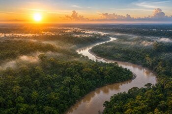 Vista aérea de una selva densa atravesada por un río sinuoso durante el amanecer, con neblina entre las copas de los árboles.
