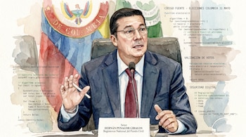 Ilustración en acuarela del Registrador Nacional Hernán Penagos hablando ante un micrófono, con la bandera de Colombia de fondo y código fuente electoral.