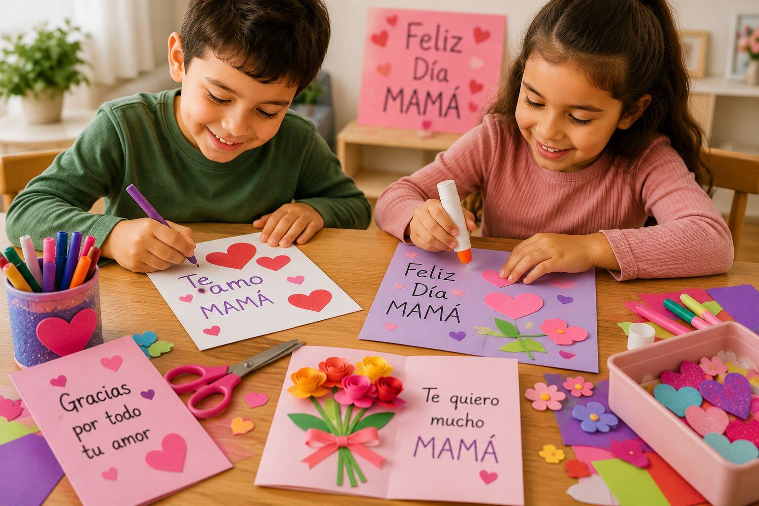 Dos niños sonríen mientras crean tarjetas de manualidades coloridas y personalizadas para celebrar el Día de la Madre con cariño y creatividad. (Infobae)