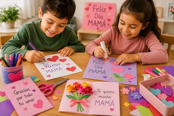 Dos niños, un niño y una niña, sentados en una mesa de madera haciendo tarjetas con papel, marcadores y pegamento para el Día de la Madre