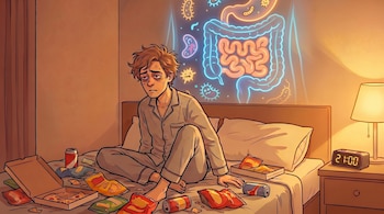 Hombre agotado sentado en la cama, rodeado de cajas de pizza, bolsas de patatas fritas y latas de refresco. Detrás, un sistema digestivo y microbios en neón.
