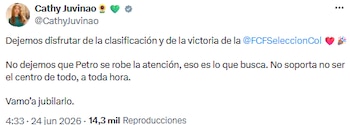 Cathy Juvinao instó a que el país valore el logro alcanzado por la Selección Colombia y evite distracciones ajenas al fútbol - crédito @CathyJuvinao/X