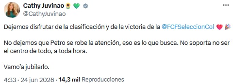 Cathy Juvinao instó a que el país valore el logro alcanzado por la Selección Colombia y evite distracciones ajenas al fútbol - crédito @CathyJuvinao/X