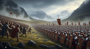 Legiones romanas en formación con escudos y lanzas enfrentan a guerreros caledonios en un paisaje montañoso con niebla bajo un cielo nublado.