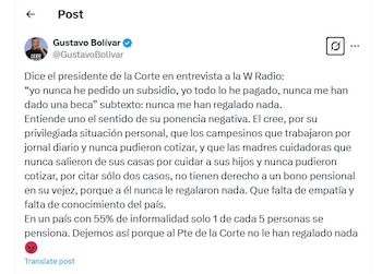 Gustavo Bolívar le contestó al presidente de la Corte Constitucional - crédito @GustavoBolivar