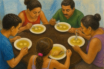 Cinco personas comen sopa alrededor de una mesa redonda. Solo el plato de la niña contiene una pieza de pollo junto a los tubérculos.