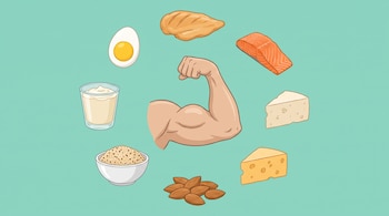 Ilustración de un brazo flexionado rodeado por pollo, salmón, huevo, queso, almendras, quinoa y yogur sobre fondo verde.