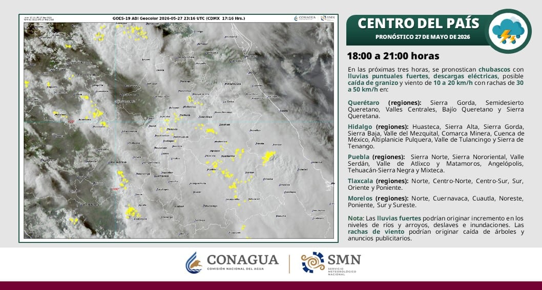 El Servicio Meteorológico Nacional advierte de lluvias fuertes y rachas de viento en Querétaro (X / CONAGUA Clima)
