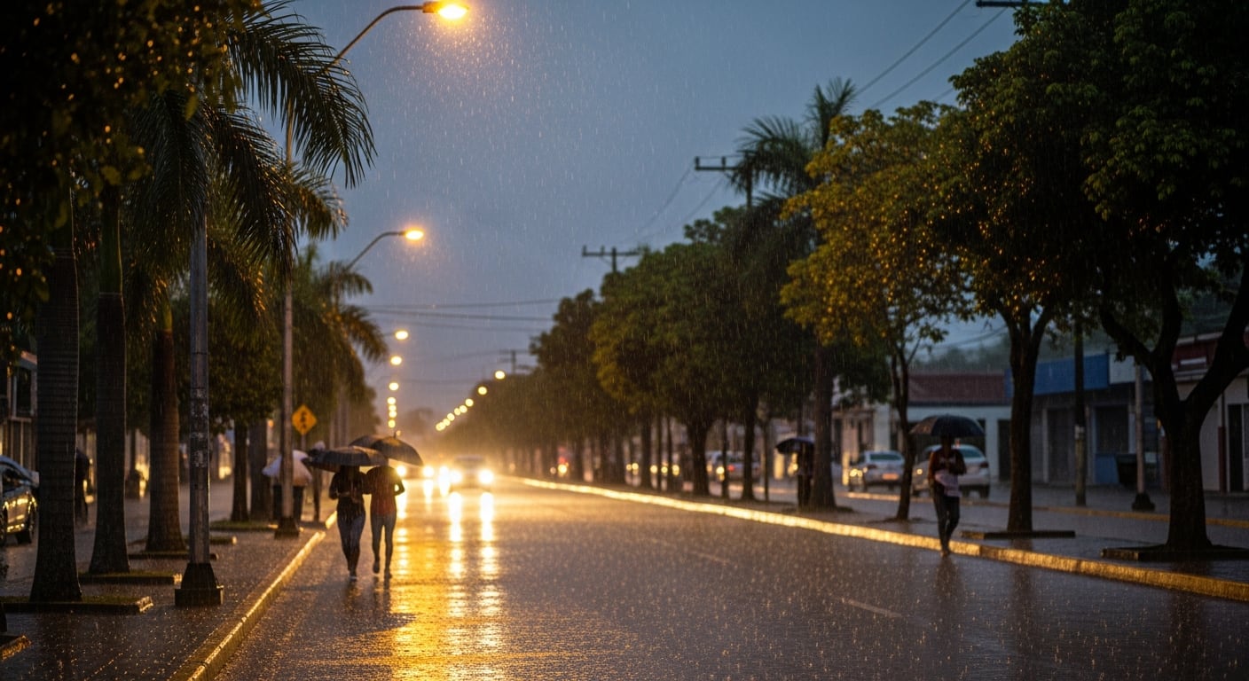 Calles de El Salvador reflejan la lluvia moderada bajo la luz de las farolas, mientras transeúntes caminan con paraguas, una escena común durante la Alerta Amarilla por baja presión atmosférica. (Imagen Ilustrativa Infobae)
