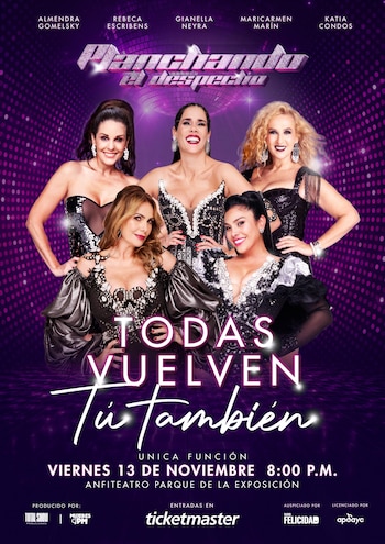 Póster 'Planchando el Despecho' con Almendra Gomelsky, Rebeca Escribens, Gianella Neyra, Maricarmen Marín y Katia Condos. Visten gala. Fondo púrpura brillante