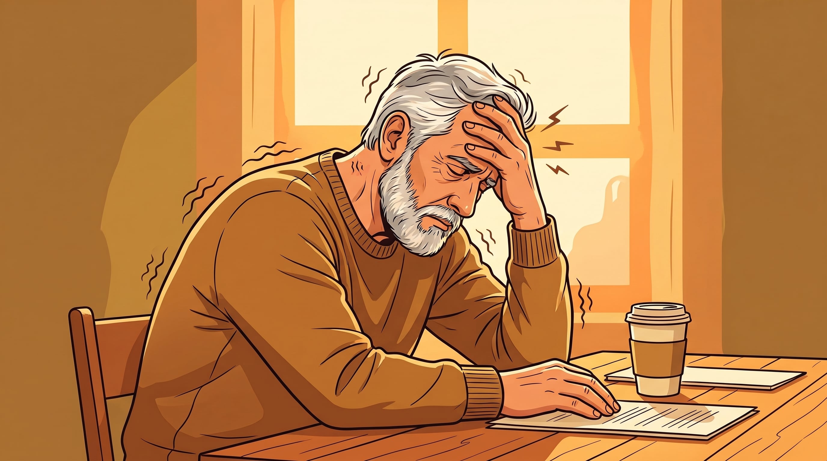 Ilustración de un hombre canoso y visiblemente exhausto, con la mano en la cabeza, representando el dolor y el agotamiento asociados con la fibromialgia. (Imagen Ilustrativa Infobae)