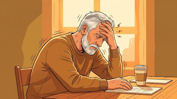 Ilustración de un hombre canoso con barba, sentado en una mesa de madera con documentos y una taza de café, sujetándose la cabeza con una mano, rodeado de símbolos de malestar.