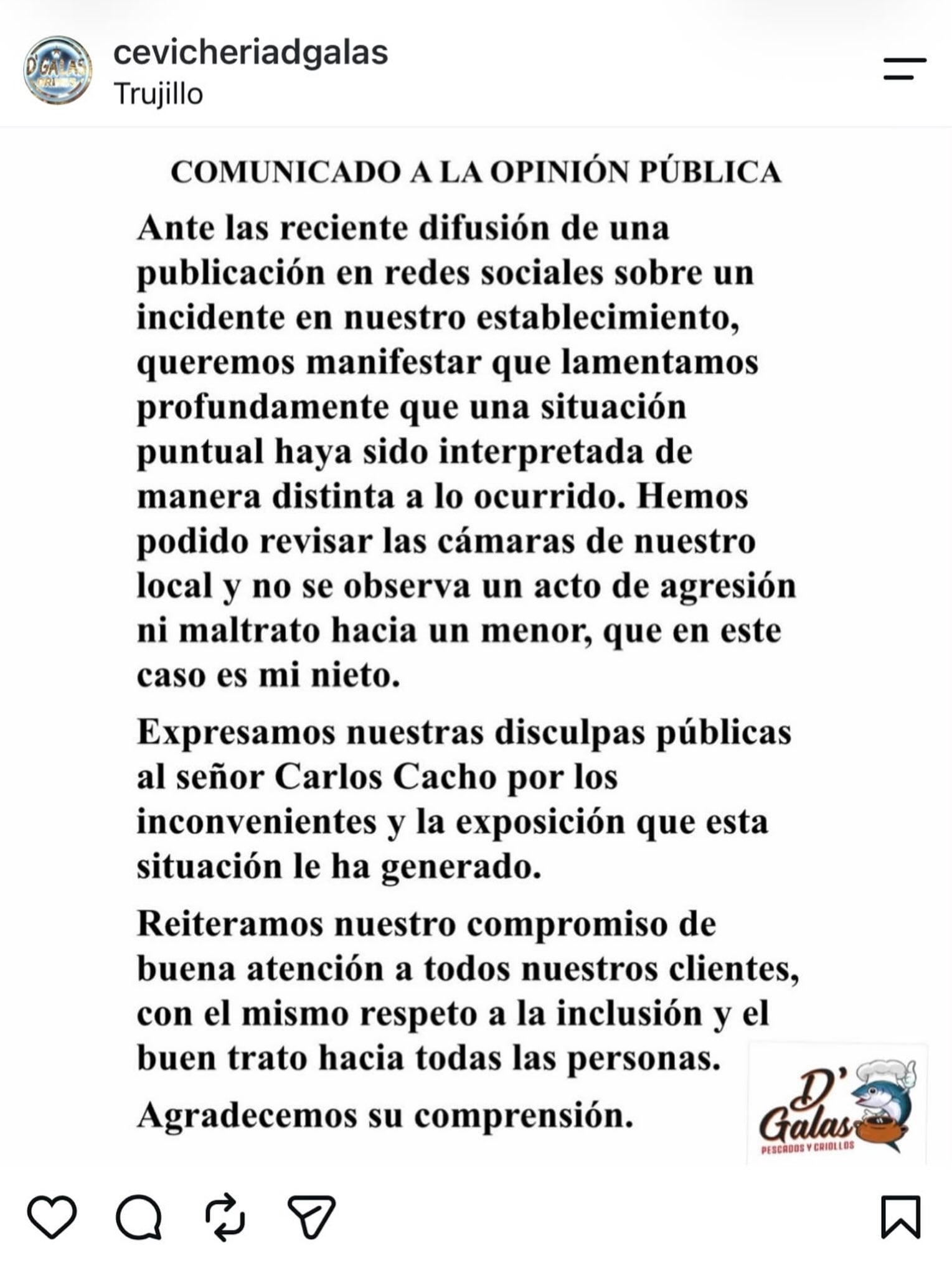 El restaurante D'Galas informó que revisó sus cámaras de seguridad y sostuvo que no se observa agresión ni maltrato contra el menor con autismo.