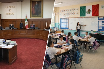 Un collage divide la imagen mostrando a jueces en la Suprema Corte de México a la izquierda y a una maestra con estudiantes en un aula a la derecha, con banderas mexicanas.