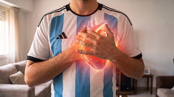 Un hombre vestido con la camiseta de rayas celestes y blancas de Argentina se sujeta el pecho con las dos manos y tiene un corazón superpuesto que emite luz.